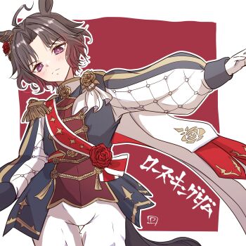 Rule 34 | ahoge, animal ears, black jacket, blush, brooch, brown hair, cape, closed mouth, commentary request, ear flower, ear ornament, epaulettes, flower, flower brooch, four-pointed star, gloves, gradient hair, highres, horse ears, horse girl, jacket, jewelry, long sleeves, looking at viewer, multicolored hair, panch4989new, pants, print sash, red hair, red sash, rose kingdom (racing) (umamusume), rose kingdom (umamusume), sash, short hair, single epaulette, two-tone hair, umamusume, vertical-striped sleeves, white cape, white gloves, white pants