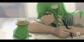 1girl :/ animal closed_mouth frog frog_hair_ornament green_eyes green_hair hair_ornament hair_tubes highres holding holding_pen kochiya_sanae looking_at_another medium_hair paper pen pyonta sailor_collar school_uniform serafuku signature single_hair_tube single_sidelock snake_hair_ornament solo table touhou white_serafuku woshijuezhu