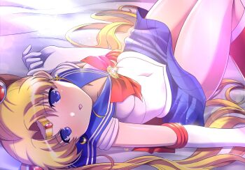 1girl bishoujo_senshi_sailor_moon blonde_hair blue_eyes blue_sailor_collar blue_skirt bow breasts circlet collarbone covered_navel crescent crescent_earrings double_bun earrings elbow_gloves gloves hair_bun highres himehachi_(hime8manga) jewelry long_hair lying magical_girl medium_breasts miniskirt on_back open_mouth red_bow sailor_collar sailor_moon sailor_senshi_uniform shirt skirt sleeveless sleeveless_shirt solo transformation_brooch_(sailor_moon) tsukino_usagi twintails very_long_hair white_gloves white_shirt
