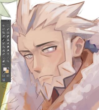 1boy art_program_in_frame beard blind_eye closed_mouth commentary english_commentary facial_hair grey_hair kookirani looking_at_viewer lysandre_(pokemon) male_focus nintendo pokemon pokemon_legends:_z-a portrait short_hair solo white_background