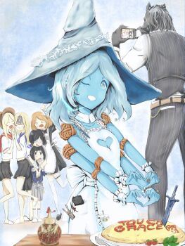 1boy 6+girls ^_^ absurdres alternate_costume apron behind_another black_hair blaidd_the_half-wolf blindfold_mask blonde_hair bloodborne blue_eyes blue_skin brown_hair cellphone cleavage_cutout closed_eyes closed_mouth clothing_cutout colored_skin company_connection contemporary cosplay creator_connection crossover dark_souls_(series) dark_souls_iii demon&#039;s_souls detached_collar doll_joints elden_ring enmaided extra_arms extra_faces fire_keeper food formal_clothes fromsoftware furry furry_male grey_hair hat heart heart_hands highres holding holding_phone hug hug_from_behind inosenso jitome joints kuro_the_divine_heir large_hat long_hair looking_at_another looking_at_phone looking_at_viewer maid maid_apron maiden_in_black mask medium_hair melina_(elden_ring) moonlight_greatsword multiple_girls omelet omurice one_eye_closed open_mouth outstretched_arms own_hands_together pants phone plain_doll pov ranni_the_witch ranni_the_witch_(cosplay) sekiro:_shadows_die_twice shirt skirt smartphone smile standing standing_on_one_leg suit table taking_picture v vest witch_hat