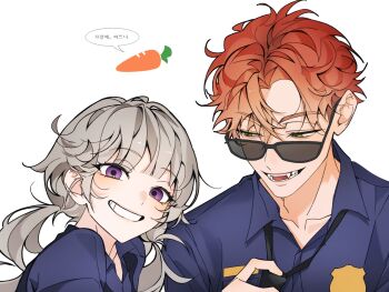 1boy 1girl adjusting_clothes adjusting_necktie black_necktie blue_shirt blunt_bangs carrot collared_shirt commentary curtained_hair fangs green_eyes grey_hair grin hair_between_eyes half-closed_eyes highres humanization judy_hopps korean_commentary korean_text light_blush long_hair looking_at_another looking_at_viewer looking_to_the_side low_twintails necktie nick_wilde nyugi0v0 open_mouth parted_bangs police police_badge police_uniform portrait purple_eyes raised_eyebrows red_hair shirt short_hair sideways_glance simple_background smile speech_bubble sunglasses swept_bangs translation_request twintails very_short_hair wavy_hair white_background zootopia