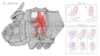 Rule 34 | reference sheet, cockpit, cockpit sitting, commentary, concept art, diagram, english commentary, english text, greyscale, highres, mecha, mecha focus, monitor, monochrome, open cockpit, original, pilot, piloting, red eyes, robot, see-through silhouette, torso, vernier thrusters, zen (jirakun)