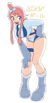 1girl blue_eyes boots breasts crop_top gloves large_breasts long_hair long_sleeves midriff nama_1723 nintendo pokemon pokemon_bw red_hair short_shorts shorts skyla_(pokemon) suspenders teeth thigh_strap upper_teeth_only