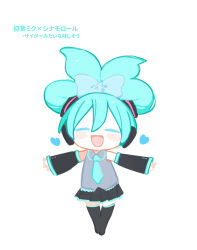 Rule 34 | 1girl, black footwear, black skirt, black sleeves, blue bow, blue hair, blue necktie, blush stickers, boots, bow, chibi, cinnamiku, closed eyes, collared shirt, detached sleeves, facing viewer, folded twintails, full body, grey shirt, hair bow, hair ornament, hatsune miku, headphones, heart, highres, kokaki mumose, miniskirt, necktie, outstretched arms, pleated skirt, shirt, simple background, skirt, sleeveless, sleeveless shirt, smile, solo, spread arms, standing, thigh boots, translation request, twintails, vocaloid, white background