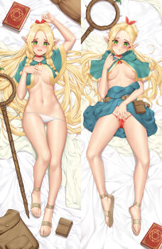 1girl absurdres aqua_capelet aqua_dress areola_slip backpack bag blonde_hair blush book braid breasts cameltoe capelet closed_mouth clothes_lift clothes_pull dakimakura_(medium) dress dress_lift dress_pull dungeon_meshi elf full_body green_eyes hand_on_own_crotch highres holding holding_staff long_hair looking_at_viewer lying mage_staff marcille_donato medium_breasts multiple_views navel on_back open_mouth panties pants pointy_ears red_panties staff stomach toes underwear very_long_hair washout008 white_panties white_pants