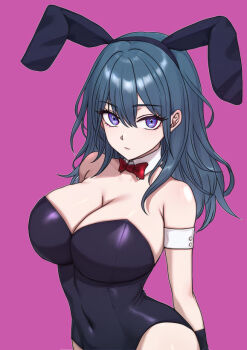 Rule 34 | 1girl, alternate costume, animal ear hairband, animal ears, arm cuffs, bare arms, bare shoulders, black hairband, black leotard, bow, bowtie, breasts, cleavage, closed mouth, collarbone, commentary request, covered navel, detached collar, fake animal ears, female byleth (fire emblem), fire emblem, fire emblem: three houses, hairband, huge breasts, leotard, looking at viewer, medium hair, nintendo, ootuk, playboy bunny, purple background, rabbit ears, red bow, red bowtie, simple background, solo, thighs, upper body
