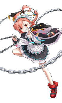 1girl ahoge apron belt black_belt black_jacket black_skirt blue_archive boots braid braided_sidelock chain collarbone collared_shirt commentary_request ear_piercing frilled_apron frills full_body gun highres holding holding_gun holding_weapon huge_ahoge jacket jiwon_(sj1) layered_skirt long_sleeves looking_at_viewer medium_hair mole mole_under_eye neru_(blue_archive) open_mouth piercing pleated_skirt print_jacket red_boots red_eyes red_hair shirt sig_mpx sig_sauer simple_background skirt standing standing_on_one_leg submachine_gun teeth weapon white_background white_shirt white_skirt