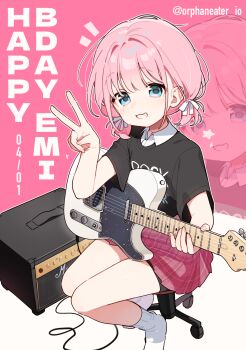 1girl :3 artist_name black_sweater blue_eyes blunt_bangs bow chair character_name commentary dated dot_nose english_commentary foot_out_of_frame grin hair_behind_ear hair_bow hand_up happy happy_birthday highres holding holding_instrument instrument light_smile looking_at_viewer no_shoes notice_lines on_chair original orphaneater_io outline pink_background pink_hair plaid_clothes plaid_skirt pleated_skirt red_skirt shirt short-sleeved_sweater short_sleeves short_twintails sitting skirt smile socks star_(symbol) sweater swept_bangs text_print twintails two-tone_background v white_background white_bow white_outline white_shirt white_socks wing_collar zoom_layer