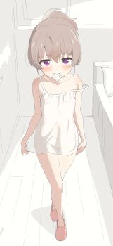 1girl absurdres arms_at_sides babydoll bed blush collarbone condom condom_in_mouth condom_wrapper fang female_focus flat_chest full_body hair_between_eyes hand_on_own_thigh high_ponytail highres indoors legs light_brown_hair loli looking_at_viewer mouth_hold navel nipples pillow pink_slippers ponytail purple_eyes see-through_clothes short_ponytail sincos skirt_hold slippers slow_loop solo stomach thighs white_babydoll yoshinaga_koi