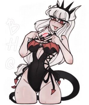 1girl blush breasts bxbyglossie demon demon_girl demon_horns demon_tail helltaker highres horns long_hair looking_at_viewer lucifer_(helltaker) mole mole_under_eye one-piece_swimsuit red_background red_eyes swimsuit tail thighs white_hair