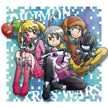 Rule 34 | blonde hair, blush, digimon, digimon xros wars, digimon xros wars: toki wo kakeru shounen hunter-tachi, dracumon, hair ornament, hairpin, long hair, mogami ryouma, opossummon, pink eyes, psychemon, suzaki airu, tobari ren, twintails