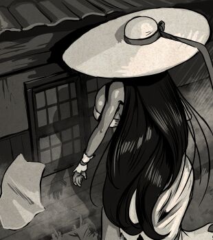 1girl 2025 2channel arm_at_side arm_up bare_shoulders black_hair breasts cleavage clothing_cutout commentary corset curvy detached_sleeves dress english_commentary female_focus fingernails from_behind game_cg hachishaku_(game) hasshaku-sama hat highres huge_breasts japanese_house japanese_urban_legends long_fingernails long_hair looking_ahead narrow_waist outdoors ribbon shadow side_cutout sideboob standing straight_hair sun_hat tall_female torn_clothes torn_dress trash_panda_games very_long_hair white_background white_dress