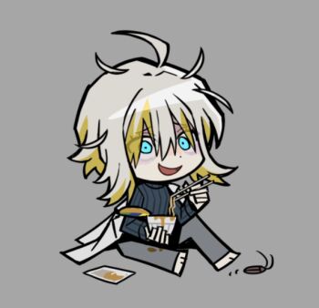 1girl barefoot black_sweater blonde_hair blue_eyes chibi chopsticks coat coat_on_shoulders commentary faust_(project_moon) grey_leggings holding holding_chopsticks instant_cup_noodles instant_noodles lab_coat leggings limbus_company n_corp._fanatic_(identity)_(project_moon) official_art open_mouth project_moon ribbed_sweater smile solo street_fighter sweater white_coat white_hair wide-leg_pants