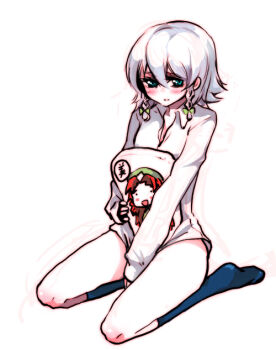 Rule 34 | 1girl, bad id, bad pixiv id, blue socks, blush, bottomless, bow, braid, cameo, female focus, hair bow, hong meiling, izayoi sakuya, long sleeves, naked shirt, pillow, seiza, shirt, sitting, socks, solo, tima, touhou, twin braids, white hair, white shirt