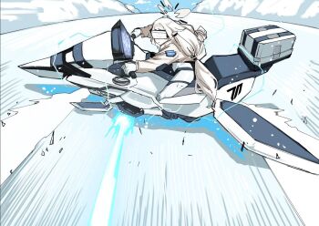 Rule 34 | 1girl, a (mitei7926), akira slide, blue archive, bodysuit, commentary request, halo, head-mounted display, himari (blue archive), himari (bodysuit) (blue archive), hover bike, hover vehicle, long hair, low-tied long hair, motor vehicle, motorcycle, multicolored halo, official alternate costume, on motorcycle, pointy ears, solo, two-tone halo, white bodysuit, white hair, white halo