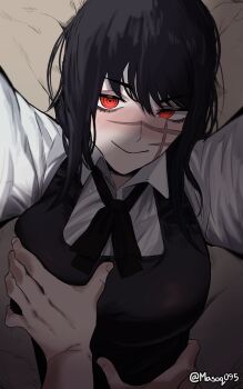 1girl 1other absurdres black_hair blush breasts chainsaw_man commentary cross_scar dress facial_scar fourth_east_high_school_uniform grabbing_another's_breast groping highres long_hair looking_at_viewer masoq medium_breasts neck_ribbon pinafore_dress pov pov_hands reaching reaching_towards_viewer red_eyes ribbon ringed_eyes scar scar_on_cheek scar_on_face school_uniform sleeveless sleeveless_dress smile twitter_username yoru_(chainsaw_man)