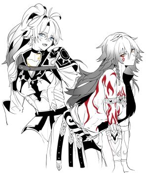 2girls antenna_hair arm_tattoo armlet back_tattoo blue_eyes braid breast_tattoo breasts cleavage closed_mouth commentary_request cropped_arms cropped_legs facial_tattoo genderswap genderswap_(mtf) gold_tattoo hair_between_eyes highres honkai:_star_rail honkai_(series) jewelry large_breasts leaning_forward long_hair looking_at_viewer multiple_girls mydei_(honkai:_star_rail) neck_tattoo open_mouth phainon_(honkai:_star_rail) ponytail red_tattoo side_braid simple_background single_braid sndayrobin spot_color tattoo yellow_eyes