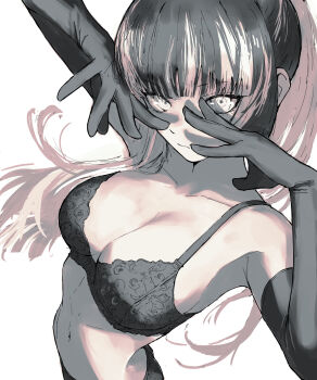 1girl blunt_bangs bra breasts cleavage closed_mouth commentary covering_face elbow_gloves gloves greyscale highres hololive hololive_dev_is juufuutei_raden large_breasts long_hair looking_at_viewer monochrome multicolored_hair navel ponytail rhinth shadow simple_background sketch solo two-tone_hair underwear upper_body virtual_youtuber white_background