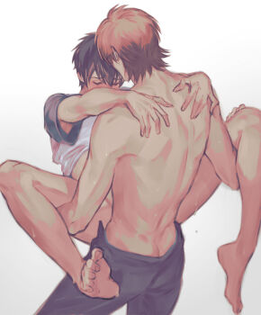2boys ace_of_diamond anal back black_pants blush bottomless brown_hair butt_crack carrying carrying_person closed_eyes commentary_request hair_between_eyes highres male_focus male_penetrated male_underwear male_underwear_peek miyuki_kazuya multiple_boys pants renorenoko sawamura_eijun sex short_hair simple_background standing sweat topless_male underwear white_background yaoi