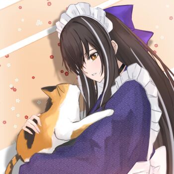 1girl animal apron black_choker black_hair blue_kimono blue_ribbon calico_(pattern) calico_cat cat choker commentary_request fate/grand_order fate_(series) hair_between_eyes hair_ribbon highres holding holding_animal japanese_clothes kawakami_gensai_(fate) kawakami_gensai_(second_ascension)_(fate) kimono long_hair looking_at_another maid_headdress multicolored_hair multiple_girls ribbon shuuka smile two-tone_hair very_long_hair white_apron white_hair yellow_eyes