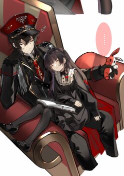 ... 1boy 1girl age_difference aged_down ayn_alwyn ayn_alwyn_(infinite_empire) belt bib_collar black_belt black_coat black_dress black_gloves black_hair black_pants black_pantyhose black_shirt black_shoes black_vest blunt_bangs book book_on_lap bow braid child coat collared_dress commentary_request crossed_bangs dress epaulettes freeze_(867139) frilled_dress frills from_above gloves hair_between_eyes hair_bow hand_on_own_cheek hand_on_own_face hat head_on_chest head_tilt heroine_(lovebrush_chronicles) high_collar highres holding holding_toy jacket lapels long_hair long_sleeves lovebrush_chronicles mary_janes military_hat military_jacket military_uniform necktie open_book open_clothes open_coat pale_skin pants pantyhose parted_lips peter_pan_collar puffy_long_sleeves puffy_sleeves purple_hair red_bow red_hat red_necktie shirt shoes short_hair shoulder_belt side_braid sidelocks single_braid sitting sitting_on_lap sitting_on_person sitting_on_throne sleeping sleeping_on_person sleeve_cuffs sleeves_past_wrists spoken_ellipsis straight_hair stuffed_animal stuffed_rabbit stuffed_toy throne toy vest white_background zzz