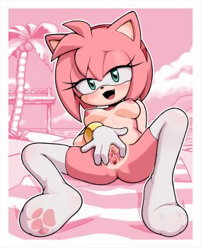1girl :d absurdres amy_rose anus breasts furry gaturo gloves green_eyes heart highres large_breasts nipples nude open_mouth pussy smile sonic_(series) spread_pussy thighhighs