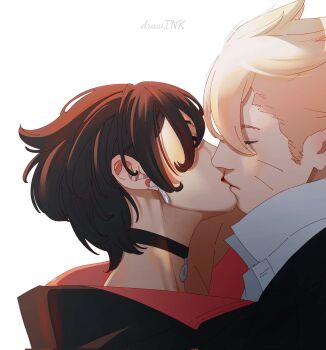 1boy 1girl artist_name black_choker black_hair black_jacket blonde_hair boruto:_two_blue_vortex choker commentary corrupted_twitter_file drawink earrings facial_mark hetero highres jacket jewelry kiss naruto_(series) no_eyewear red_lips short_hair uchiha_sarada uchiha_symbol uzumaki_boruto whisker_markings