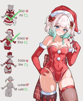 1girl absurdres alternate_costume black_thighhighs blue_eyes breasts candy candy_cane closed_mouth commentary ddrawins densetsu.exe english_commentary food fur-trimmed_gloves fur-trimmed_headwear fur_trim gloves gradient_eyes green_hair hand_on_own_hip hat highres holding holding_candy holding_candy_cane holding_food leotard looking_at_viewer medium_hair mint_fantome multicolored_eyes pointy_ears pom_pom_(clothes) red_gloves red_leotard santa_costume santa_hat small_breasts smile solo thighhighs virtual_youtuber white_hair
