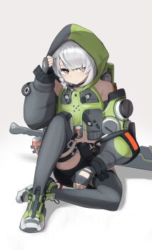 1girl absurdres adjusting_hood anby_demara bare_shoulders black_gloves black_shorts black_skirt black_thighhighs braid braided_sidelock closed_mouth clothing_cutout commentary_request cosmetic_koucha detached_sleeves fingerless_gloves full_body glove_cutout gloves gradient_background green_jacket green_shoes green_sleeves grey_background grey_hair highres hood hood_up jacket knee_up looking_to_the_side midriff_peek multicolored_sleeves orange_eyes shadow shoes short_hair shorts sitting skirt solo sword thigh_strap thighhighs weapon weapon_on_back white_background zenless_zone_zero