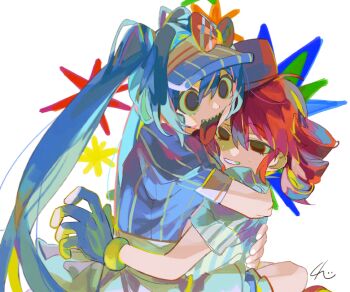 2girls apron artist_name black_eyes black_mouth blue_dress blue_gloves blue_hair blue_hat blue_shirt bow commentary crazy curled_fingers diagonal-striped_bow dress drill_hair empty_eyes gloves hair_between_eyes hashtag-only_commentary hat hat_bow hatsune_miku hug kasane_teto long_hair looking_afar looking_ahead mesmerizer_(vocaloid) multiple_girls nervous_smile nervous_sweating open_mouth pinstripe_dress pinstripe_hat pinstripe_pattern red_bow red_eyes red_hair red_hat senzzang sharp_teeth shirt signature smile striped_bow striped_clothes striped_shirt sweat symbol-only_commentary teeth thousand_yard_stare tongue tongue_out tridecagram twin_drills twintails utau vertical-striped_clothes vertical-striped_shirt very_long_hair visor_cap vocaloid waist_apron white_apron white_background white_bow white_shirt