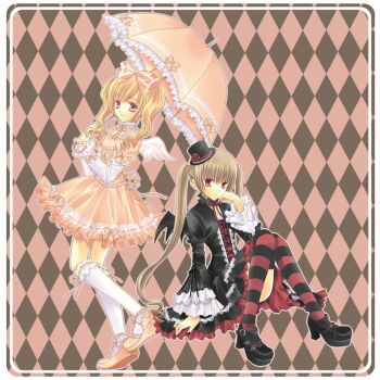 Rule 34 | 2girls, argyle background, black dress, black hat, black nails, black shoes, black thighhighs, blonde hair, bow, brown hair, closed mouth, commentary request, cross-laced clothes, cross-laced dress, dress, frilled dress, frilled sleeves, frilled umbrella, frills, full body, gothic lolita, grey eyes, hair bow, hand on own chin, hat, head rest, holding, holding umbrella, kneehighs, layered sleeves, lolita fashion, long hair, long sleeves, looking at viewer, medium hair, min-mu, mini hat, mini top hat, multiple girls, nail polish, orange bow, orange dress, orange shoes, orange umbrella, original, parasol, puffy short sleeves, puffy sleeves, red eyes, red thighhighs, ribbon-trimmed socks, ribbon trim, ringlets, shoes, short over long sleeves, short sleeves, smile, socks, striped clothes, striped thighhighs, thighhighs, top hat, twintails, umbrella, very long hair, white socks