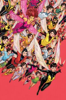 Rule 34 | 1girl, ant-man (series), antennae, avengers (series), black bodysuit, blue eyes, bodysuit, breasts, cleavage, cleavage cutout, clothing cutout, comic cover, commentary, dress, english commentary, flying, green dress, green leotard, halter dress, halterneck, highres, insect wings, janet van dyne, leotard, marvel, medium breasts, medium hair, multicolored bodysuit, multiple persona, navel, navel cutout, official alternate costume, official art, pink bodysuit, pixie cut, red background, red hair, russell dauterman, short hair, stomach cutout, superhero costume, thigh cutout, wasp (marvel), wings, yellow bodysuit, yellow leotard