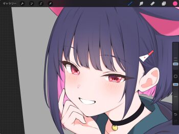 1girl animal_ears art_program_in_frame art_program_request black_choker blue_archive blush cat_choker cat_ears choker close-up colored_inner_hair commentary_request green_sailor_collar hair_ornament hairclip hand_on_own_cheek hand_on_own_face highres hood hood_down hooded_jacket jacket kazusa_(blue_archive) kurumi_kororin looking_at_viewer medium_hair multicolored_hair open_mouth pink_hair portrait purple_hair purple_jacket red_eyes sailor_collar screencap sidelocks smile solo teeth unfinished