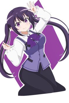 >:) 1girl arm_up black_skirt blush bow bowtie breasts buttons closed_mouth collared_shirt commentary_request cropped_legs dress_shirt dutch_angle frilled_sleeves frills gochuumon_wa_usagi_desu_ka? hair_between_eyes hand_up highres large_breasts long_hair long_skirt long_sleeves looking_at_viewer outline puffy_long_sleeves puffy_sleeves purple_background purple_bow purple_bowtie purple_eyes purple_hair purple_vest shirt sidelocks simple_background skirt smile solo split_mouth tedeza_rize twintails two-tone_background v-shaped_eyebrows very_long_hair vest waitress warm_sheep white_background white_outline white_shirt