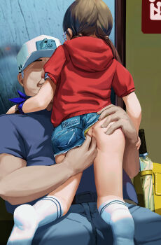 1boy 1girl absurdres age_difference akifn ass blush brown_hair clothing_aside denim denim_shorts dokev feet fingering flat_chest from_behind glasses hairband hand_on_ass hat hetero highres hood hoodie jeans loli no_shoes old old_man panties panties_aside pants pussy_juice_stain rain shirt shorts socks spread_ass stained_clothes twintails umbrella underwear watch window wristwatch