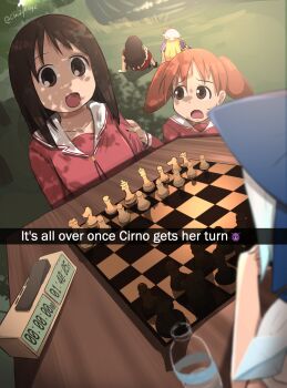 Rule 34 | 5girls, :d, absurdres, azumanga daioh's school uniform, azumanga daiou, blonde hair, blue bow, board game, bow, brown eyes, brown hair, chess, chess clock, chess piece, cirno, cloudykeyz, commentary, crossover, dappled sunlight, english commentary, english text, hair bow, highres, kasuga ayumu, long hair, looking at another, mihama chiyo, multiple girls, open mouth, outdoors, pink shirt, school uniform, shirt, smile, snapchat, sunlight, tanizaki yukari, touhou, twintails, upper body, yakumo yukari
