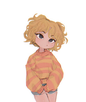 1girl black_eyes blonde_hair blue_shorts closed_mouth commentary cowboy_shot english_commentary long_sleeves looking_at_viewer okubatomaeba original own_hands_together pink_shirt shirt short_hair shorts simple_background solo two-tone_shirt white_background yellow_shirt