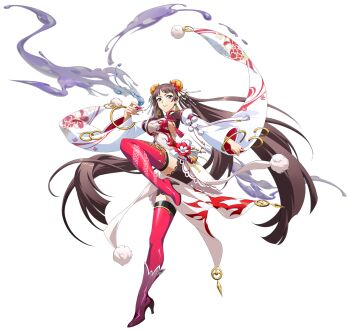 Rule 34 | 1girl, absurdres, asymmetrical legwear, azusa (langrisser), blue eyes, blunt bangs, boots, bracelet, breasts, brown hair, bun cover, china dress, chinese clothes, choko (cup), closed mouth, cup, detached sleeves, double bun, dress, dress flower, dynamic pose, earrings, floating clothes, floating hair, floating liquid, flower, full body, game cg, gold bracelet, hair bun, hair flower, hair ornament, high heel boots, high heels, highres, holding, holding cup, jewelry, langrisser, langrisser mobile, leg up, light smile, liquid, long hair, looking at viewer, mandarin collar, medium breasts, official alternate costume, official art, pelvic curtain, pink thighhighs, pom pom (clothes), ponytail, print dress, second-party source, shorts under dress, sideboob, simple background, solo, spilling, standing, standing on one leg, tachi-e, thigh boots, thighhighs, transparent background, twintails, very long hair, white dress, white sleeves, wide sleeves, zettai ryouiki