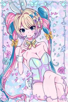 1girl :p animal_ear_hairband animal_ears blonde_hair blue_eyes blue_hair blue_leotard blunt_bangs blush border bow breasts chouzetsusaikawa_tenshi-chan chouzetsusaikawa_tenshi-chan_(playboy_bunny) cleavage collar crossed_legs fake_animal_ears finger_to_mouth fishnet_leggings hair_bow hairband hashtag-only_commentary highres invisible_chair itomakirichan leotard looking_at_viewer multiple_hair_bows needy_girl_overdose ornate_border pink_hair rabbit_ear_hairband rabbit_ears rabbit_tail sitting solo tail tongue tongue_out twintails wrist_cuffs