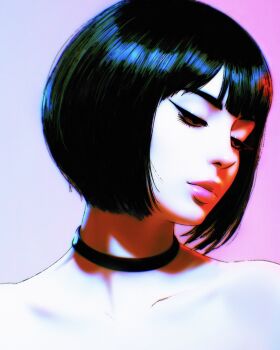 Rule 34 | 1girl, bare shoulders, black hair, blunt bangs, blunt ends, bob cut, brown eyes, choker, close-up, closed mouth, collarbone, commentary, english commentary, eyelashes, half-closed eyes, highres, ilya kuvshinov, lips, looking down, nude, original, out-of-frame censoring, pale skin, pink lips, portrait, short hair, solo, turning head