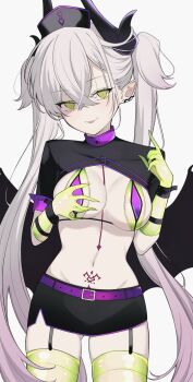 Rule 34 | 1girl, belt, bikini, blush, breasts, cosplay, demon wings, fate/grand order, fate (series), florence nightingale (fate), florence nightingale (trick or treatment) (fate), florence nightingale (trick or treatment) (fate) (cosplay), gloves, green bikini, green eyes, green gloves, green thighhighs, halloween, hat, highres, holding, holding syringe, large breasts, layered bikini, lilith (fate), long hair, looking at viewer, mati5572, microskirt, navel, nurse cap, pink belt, pubic tattoo, purple belt, purple bikini, revealing clothes, rubber gloves, shrug (clothing), simple background, skirt, solo, swimsuit, syringe, tattoo, thighhighs, twintails, white background, white hair, wings