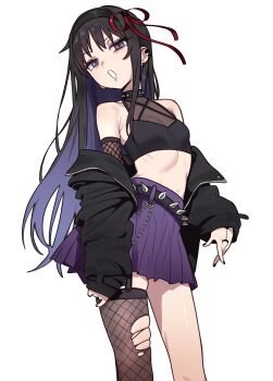 1girl absurdres akemi_homura bare_shoulders black_hair black_nails breasts collar ebora hair_ribbon hairband highres long_hair long_sleeves looking_at_viewer mahou_shoujo_madoka_magica midriff multicolored_hair open_mouth purple_eyes purple_hair red_ribbon ribbon single_thighhigh skindentation skirt small_breasts solo spiked_belt spiked_collar spikes thighhighs torn_clothes torn_thighhighs two-tone_hair white_hairband