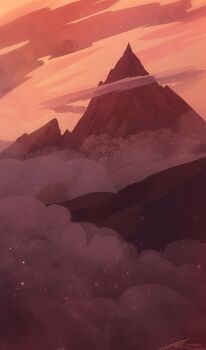 above_clouds artist_name cloud cloudy_sky dark landscape light_particles mountaintop no_humans original outdoors pink_theme scenery signature sky swirl zandra