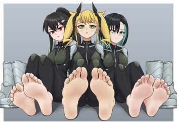 3girls ashiro_mina barefoot black_hair blonde_hair blue_eyes boots feet flickmann_ss green_eyes highres kaijuu_no._8 long_hair looking_at_viewer medium_hair multicolored_hair multiple_girls parted_lips ponytail red_eyes shinomiya_kikoru shinonome_rin shoes soles streaked_hair toes twintails unworn_boots unworn_shoes