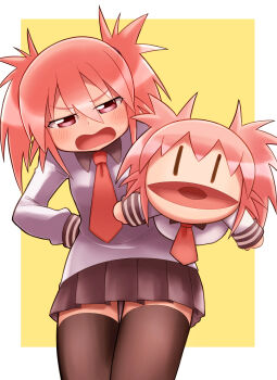 1girl absurdres black_thighhighs blush character_doll collar commentary_request cuffs doll edomae_lunar grief_loss hair_between_eyes hand_puppet highres leaning_forward looking_at_viewer necktie open_mouth pink_eyes pink_hair pleated_skirt puppet red_necktie school_uniform seto_no_hanayome short_hair skirt solo thighhighs twintails two-tone_background white_background yellow_background