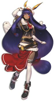 Rule 34 | 1girl, alternate costume, animal ears, belt, black shoes, character name, closed mouth, elbow gloves, facial mark, fate/grand order, fate (series), full body, gloves, hat, highres, jackal ears, layered skirt, long hair, looking at viewer, lostroom outfit (fate), low-tied long hair, medjed (fate), necktie, nitocris (fate), official art, peaked cap, purple eyes, purple hair, red necktie, red skirt, shima udon, shoes, skirt, smile, solo, star (symbol), thighhighs, transparent background, very long hair, white gloves, white skirt, white thighhighs, zettai ryouiki