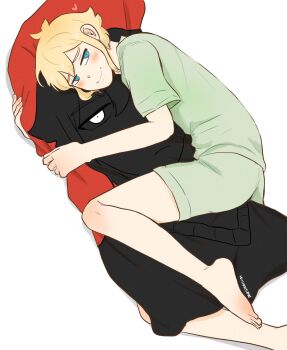 Rule 34 | 1boy, antenna hair, bare arms, bare legs, barefoot, basil (faraway) (omori), basil (omori), blonde hair, blue eyes, blush, closed mouth, commentary request, dakimakura (object), double-parted bangs, flipped hair, foot out of frame, green shirt, green shorts, hair between eyes, half-closed eyes, heart, highres, holding, knee blush, looking at viewer, lying, maisani, male focus, omori, on side, pillow, raised inner eyebrows, shirt, short hair, short sleeves, shorts, sidelocks, smile, solo, stranger (omori), toes, twitter username