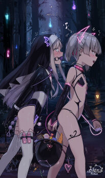 2girls anal_beads artist_name ball_gag basket bdsm black_gloves candy collar crying demon_tail ear_piercing elbow_gloves flat_chest food gag gloves grey_hair halloween heart highres hitodama holding holding_leash latex latex_leotard leash leotard liclac loli lollipop long_hair multiple_girls night nun o-ring open_mouth original outdoors piercing pussy_juice red_collar revealing_clothes sex_toy shiny_skin short_hair short_twintails sidelocks smile spoken_heart tail thighhighs trembling twintails vibrator walking white_thighhighs yuri