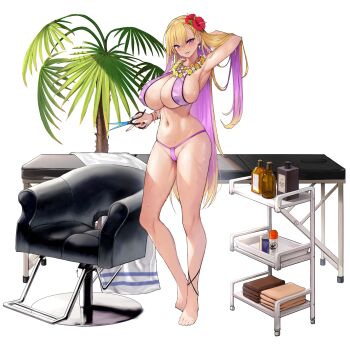 1girl areola_slip arm_behind_head armpits barber_chair barefoot bikini blonde_hair boryeon_(last_origin) breasts cameltoe cleavage colored_inner_hair earrings flower flower_necklace full_body game_cg gyaru hair_between_eyes hair_flower hair_ornament halterneck hibiscus highres huge_breasts jewelry kirome_(kamipaper) kogal last_origin lei long_hair looking_at_viewer massage_table mole mole_on_breast multicolored_hair multicolored_nails nail_polish navel necklace official_art purple_bikini purple_hair razor_blade scissors simple_background sling_bikini_top smile solo sweat swimsuit tachi-e transparent_background very_long_hair